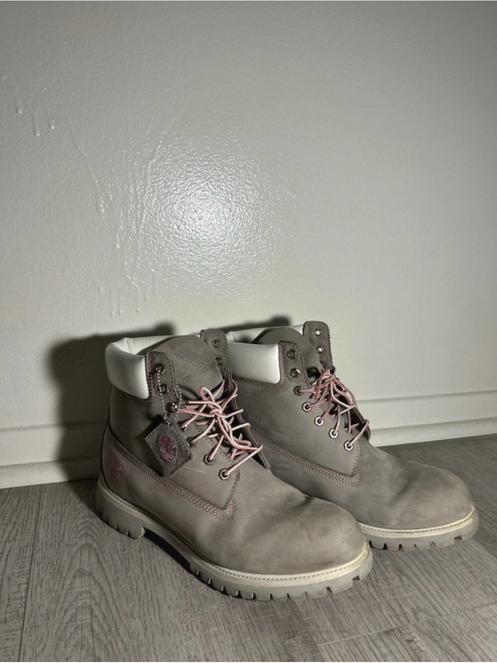Timberland Gray Lace-Up Boots with Pink Laces
